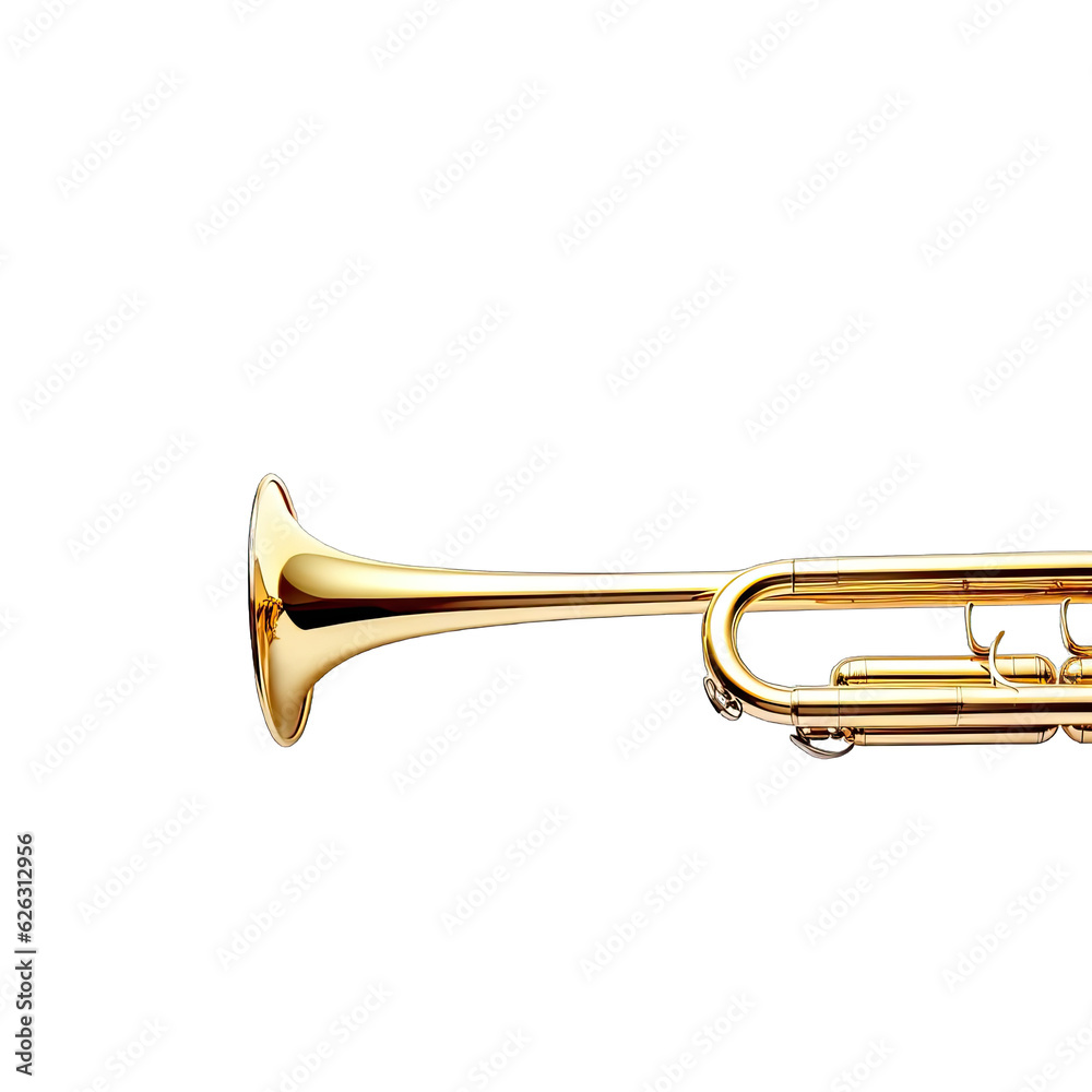 A shiny brass trumpet on a minimalist white background A shiny brass trumpet on a minimalist white background