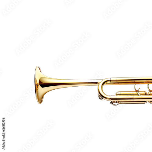 A shiny brass trumpet on a minimalist white background