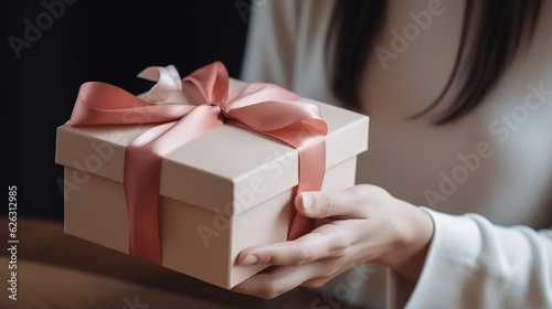 Closeup of gift box in female hands at workplace. Generative Ai © hassanmim2021