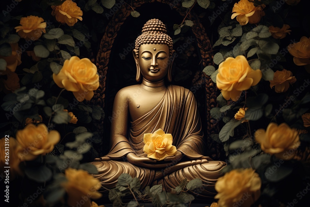 Fototapeta premium Buddha statue with yellow flowers on black background