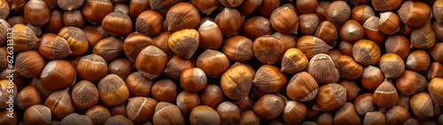 Banner with hazelnuts background. Generative AI