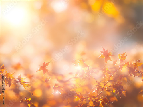 Autumn yellow, orange background with leaves and bokeh. AI