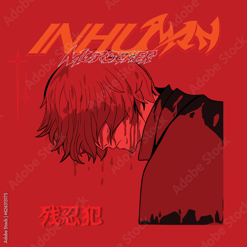 A man bowing down and covered in blood on the head, inhuman murderer