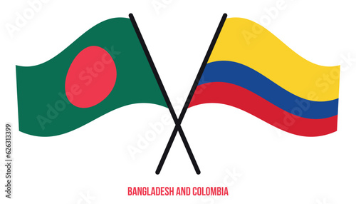Bangladesh and Colombia Flags Crossed And Waving Flat Style. Official Proportion. Correct Colors.