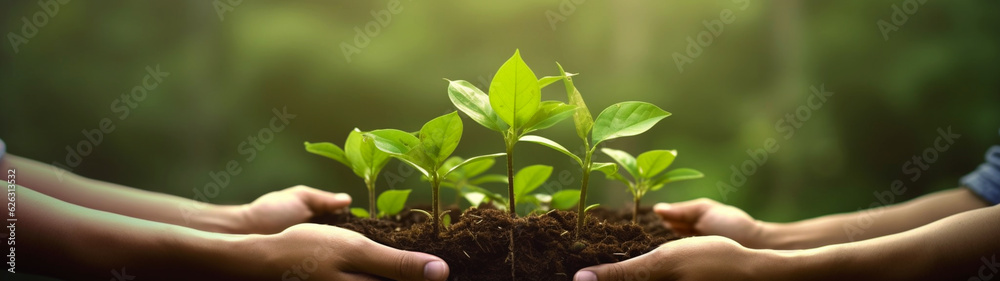 Naklejka premium Banner with small growing tree in hands. Nature background, Ecology concept. Generative AI