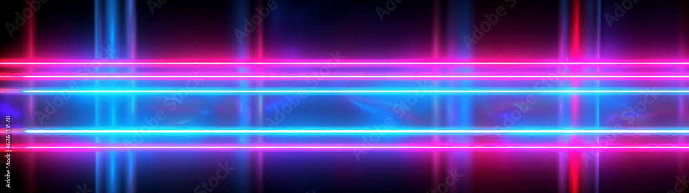 Banner with colorful neon glowing lights in dark background. Digital futuristic design. Generative AI