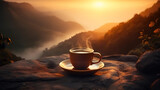 Sunrise coffee. Breakfast with coffee in nature. Generative Ai