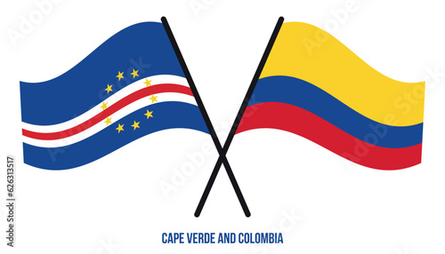 Cape Verde and Colombia Flags Crossed And Waving Flat Style. Official Proportion. Correct Colors.