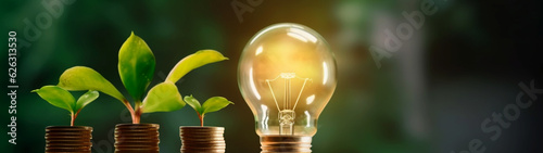 Banner with light bulb and gold coins with growing plants on green nature background. Earth day concept. Generative AI