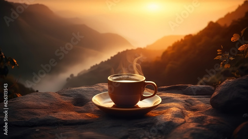 Sunrise coffee. Breakfast with coffee in nature. Generative Ai