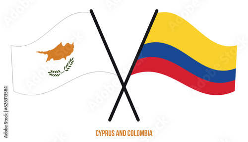 Cyprus and Colombia Flags Crossed And Waving Flat Style. Official Proportion. Correct Colors.