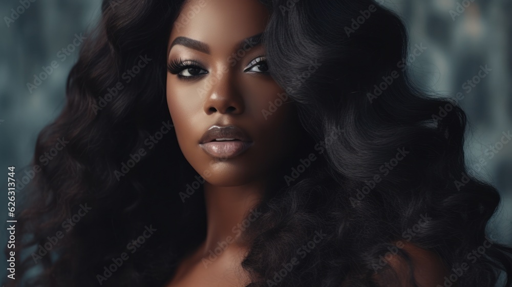 Beautiful ebony african model woman with long hairstyle. Care and beauty hair products.  - obrazy, fototapety, plakaty 
