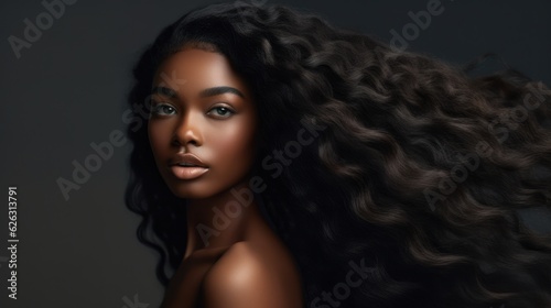 Beautiful ebony african model woman with long hairstyle. Care and beauty hair products.