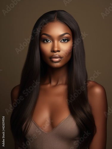 Beautiful ebony african model woman with long hairstyle. Care and beauty hair products.