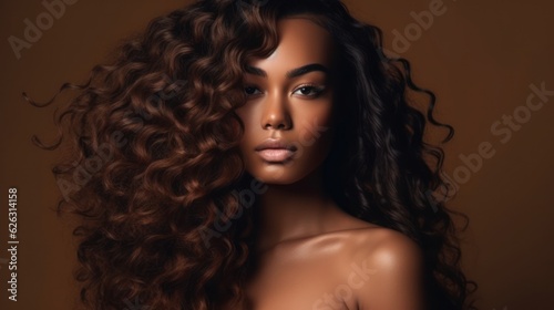 Beautiful ebony african model woman with long hairstyle. Care and beauty hair products.