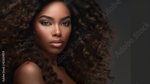 Beautiful ebony african model woman with long hairstyle. Care and beauty hair products. 