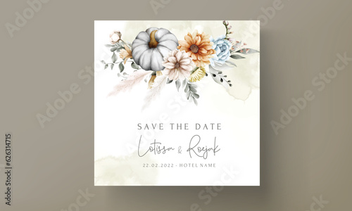 Vintage wedding invitation with beautiful flower and pumpkin