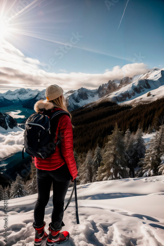 Young tourist woman is hiking on the mountains. Hiking in Himalaya mountains. Woman Traveler with Backpack hiking in the Mountains. mountaineering sport lifestyle concept.