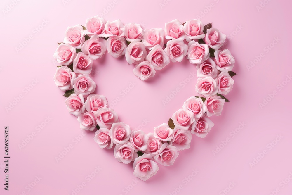 Pink roses in the shape of a heart on a pink background. Pink roses in the shape of a heart on a pink background.