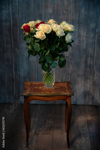 Bouquet of White and Red Roses in a Vase