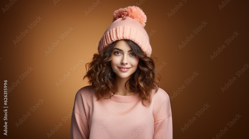 Happy young woman standing isolated over orange background wearing a sweater, and warm scarf and looking camera. Generative Ai. Happy young woman standing isolated over orange background wearing a sweater, and warm scarf and looking camera. Generative Ai.