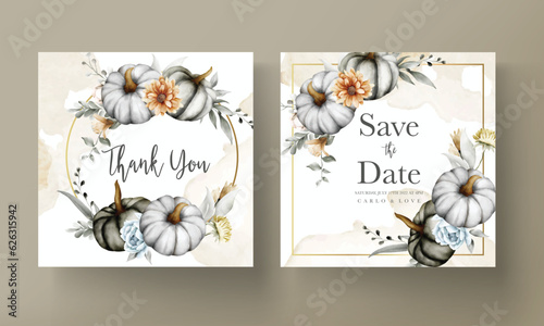 Vintage wedding invitation with beautiful flower and pumpkin photo