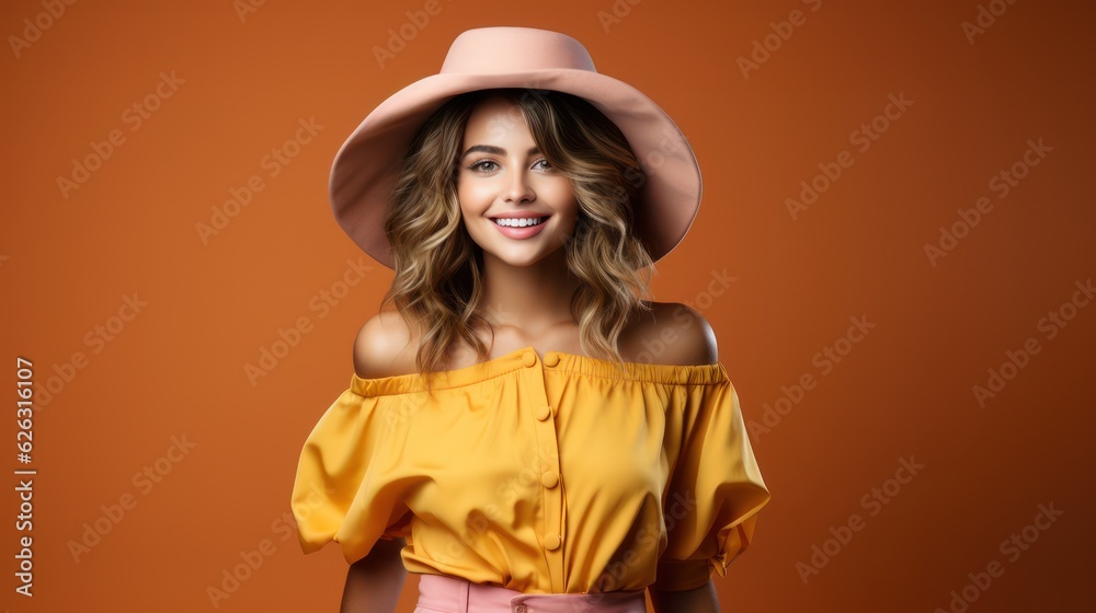 beautiful woman in yellow dress and hat posing on orange background isolated happy smiling face expression, summer fashion style trend. Generative Ai. beautiful woman in yellow dress and hat posing on orange background isolated happy smiling face expression, summer fashion style trend. Generative Ai.