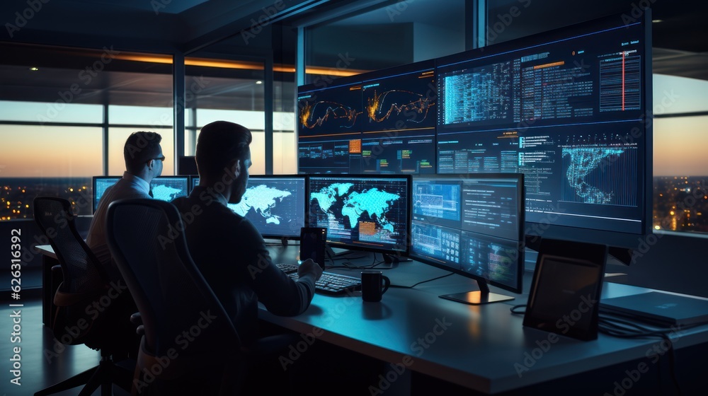 Network operations center ( NOC) with technicians monitoring network traffic, troubleshooting issues, and ensuring network performance Network operations center ( NOC) with technicians monitoring network traffic, troubleshooting issues, and ensuring network performance