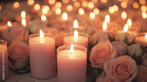 candles with roses on a red background created with Generative AI technology