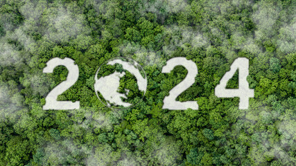2024 New Year concept for Sustainable environment development goals on Top view of nature. SDGs, ESG, NetZero, and co2 concept.sustainability management environmental renewable energy for save world