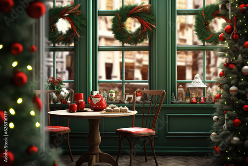 Christmas cafe interior with tree. Generative AI