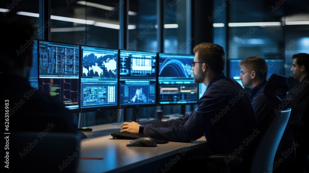 Network operations center ( NOC) with technicians monitoring network traffic, troubleshooting issues, and ensuring network performance Network operations center ( NOC) with technicians monitoring network traffic, troubleshooting issues, and ensuring network performance