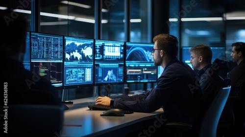 Network operations center ( NOC) with technicians monitoring network traffic, troubleshooting issues, and ensuring network performance