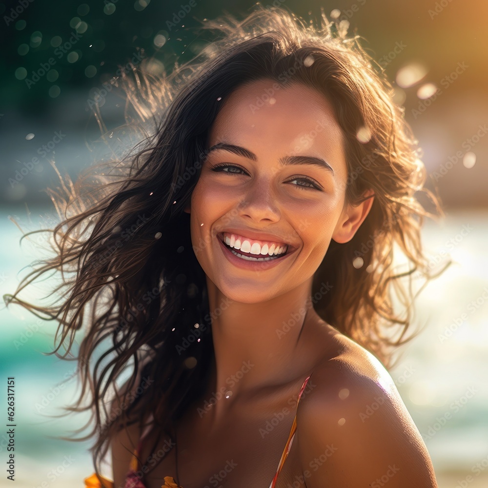 Happy Beautiful young woman is smiilng on the beach. Happy Beautiful young woman is smiilng on the beach.