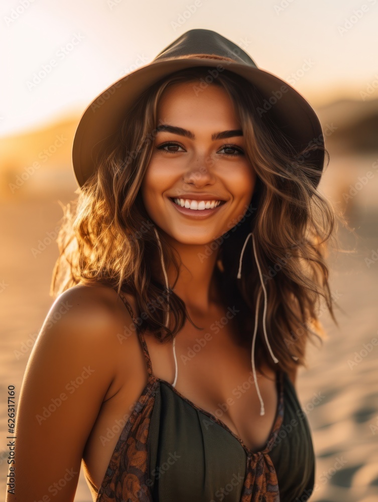 Fototapeta premium Happy Beautiful young woman is smiilng on the beach. 