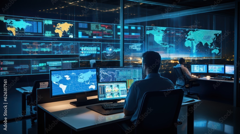 Network operations center ( NOC) with technicians monitoring network traffic, troubleshooting issues, and ensuring network performance Network operations center ( NOC) with technicians monitoring network traffic, troubleshooting issues, and ensuring network performance