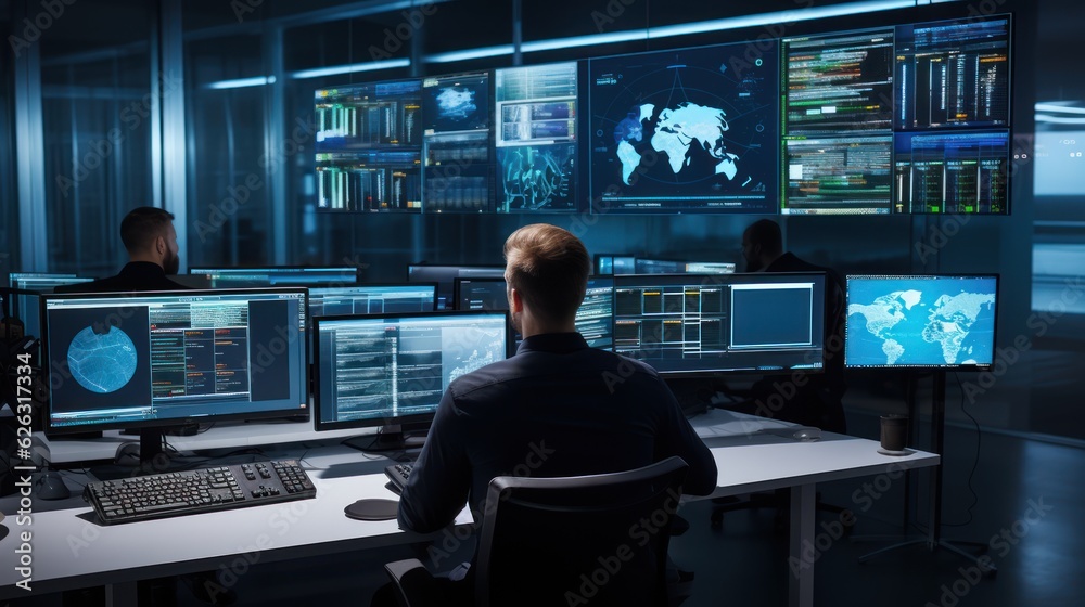 Network operations center ( NOC) with technicians monitoring network traffic, troubleshooting issues, and ensuring network performance