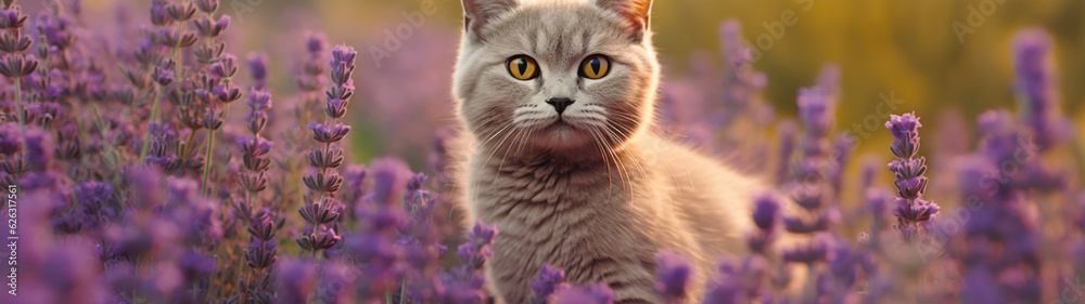 Banner with cute cat on purple flowers field background. Nature wallpaper.  Generative AI