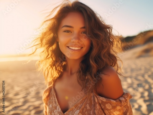 Happy woman walking on beach. Beautiful fit body girl on travel vacation 