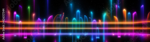 Banner colorful neon glowing lights in dark background. Digital futuristic design. Generative AI