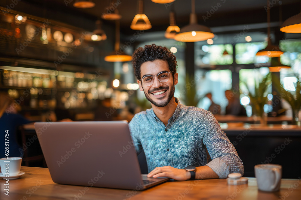 Obraz premium Portrait of a Hispanic man working on a laptop computer in a busy cafe