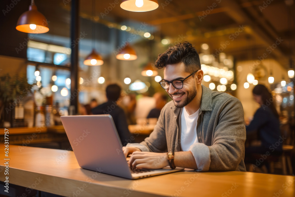 Portrait of a Hispanic man working on a laptop computer in a busy cafe Portrait of a Hispanic man working on a laptop computer in a busy cafe