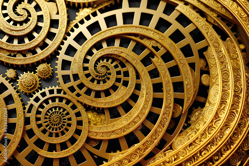 Abstract gold background, fantastic golden metal spiral pattern wallpaper.