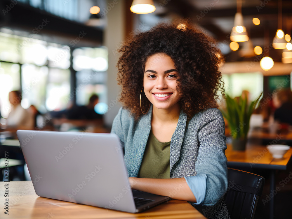 Hispanic woman working on a laptop computer in a busy cafe, portrait of a successful woman Hispanic woman working on a laptop computer in a busy cafe, portrait of a successful woman