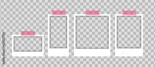 Realistic Polaroid photo frame mockup set. Isolated frame card vintage photography on alpha background. Empty retro snapshot image with white frames. White paper border. Vector design illustration.