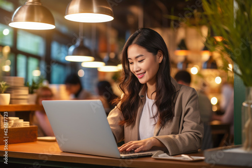 Portrait of a Asian woman working on a laptop computer in a busy cafe in the city