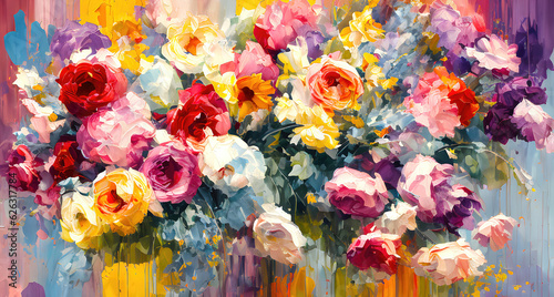 Fototapeta Naklejka Na Ścianę i Meble -  Flowers background with multicolored bouquet of summer flowers oil painting. Generative Ai.