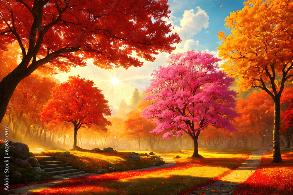 An autumn colorful landscape, beautiful orange red trees