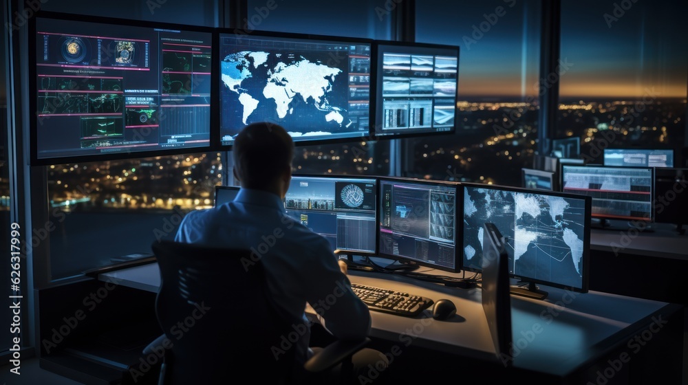 Network operations center ( NOC) with technicians monitoring network traffic, troubleshooting issues, and ensuring network performance