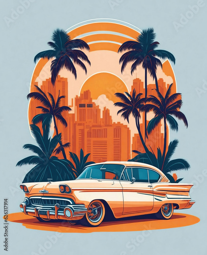 Retro car with palms flat sticker illustration, t-shirt graphic design. © Cobalt